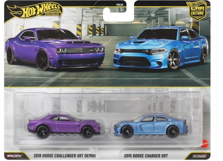 Hot Wheels - Premium auto 2018 Dodge Challenger SRT Demon & 2015 Dodge Charger SRT